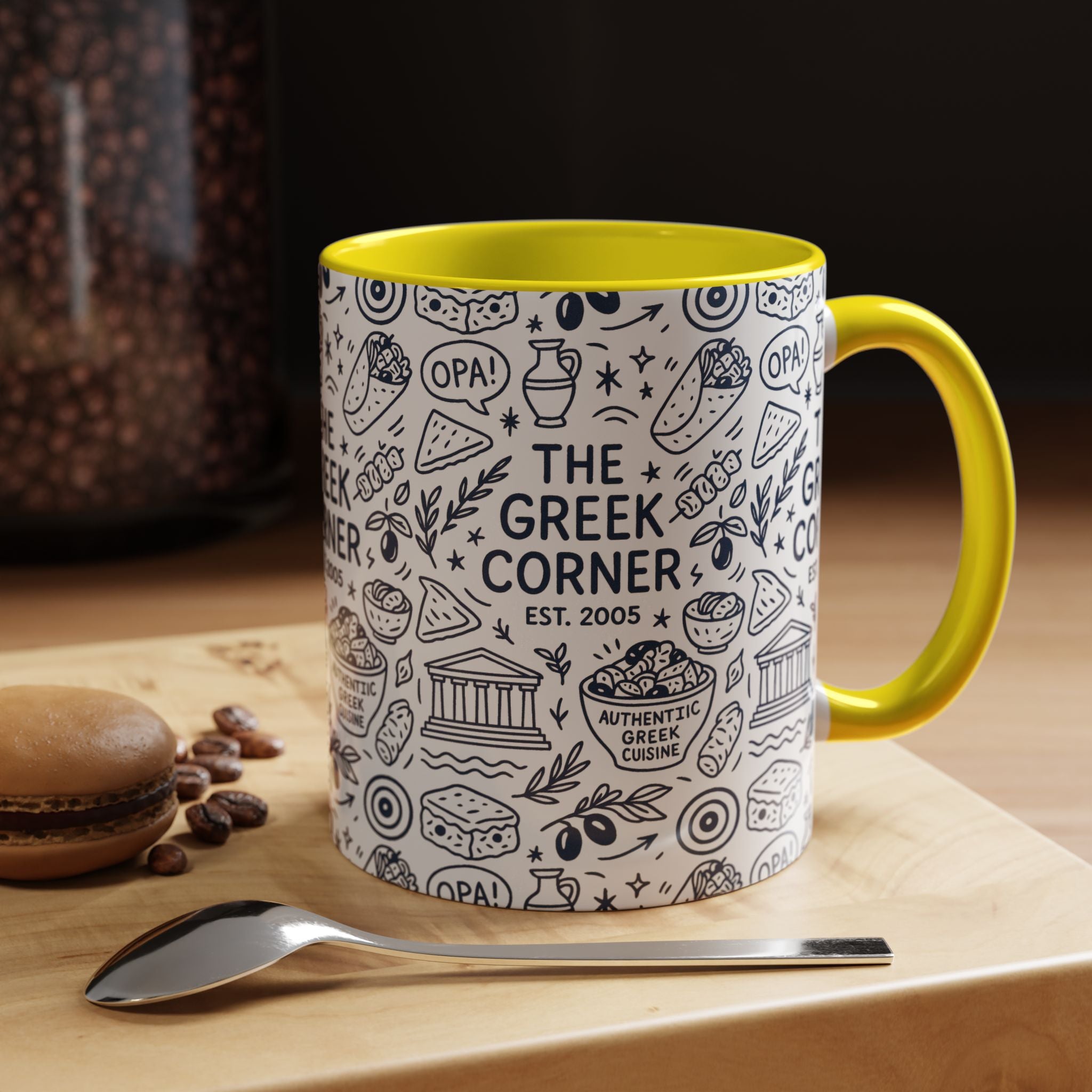 Greek Corner Accent Coffee Mug - Unique Coffee Cup for Food Lovers, Gift for Greek Cuisine Fans, OPA, Kitchen Decor, Casual Dining