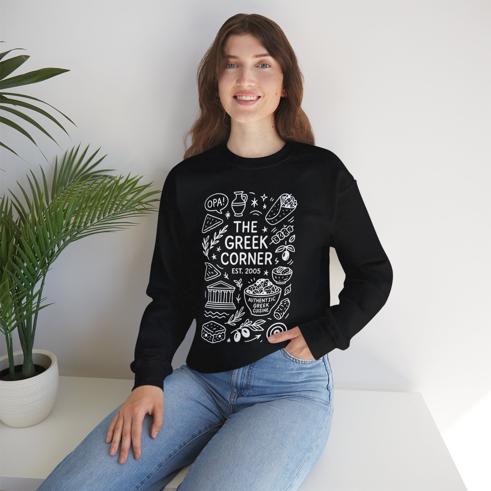 Greek Corner Crewneck Sweatshirt, Cozy Unisex Sweatshirt, Greek Theme Apparel, Gift for Food Lovers, Casual Everyday Wear