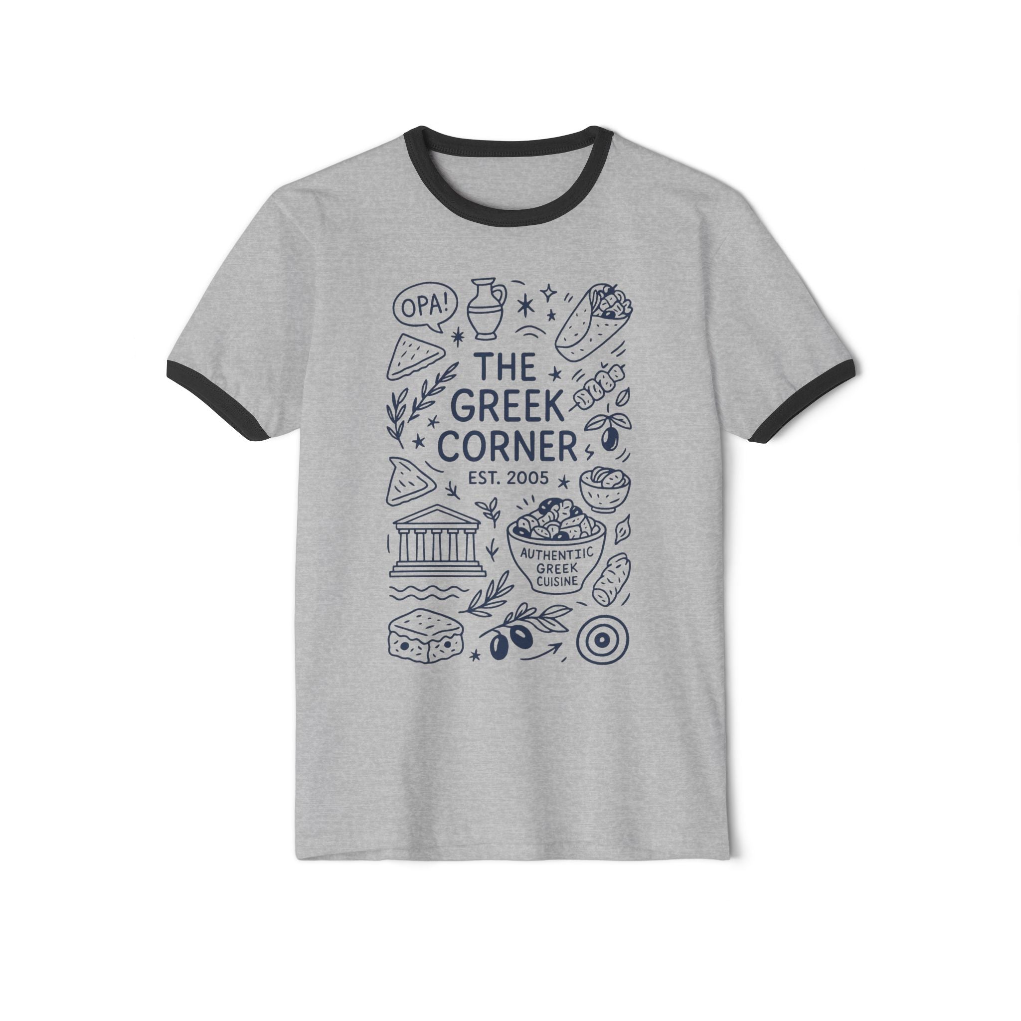 Greek Corner Unisex Ringer T-Shirt, Casual Tee, Vintage Style Shirt, Gift for Food Lovers, Summer Fashion, Greek Culture Merch