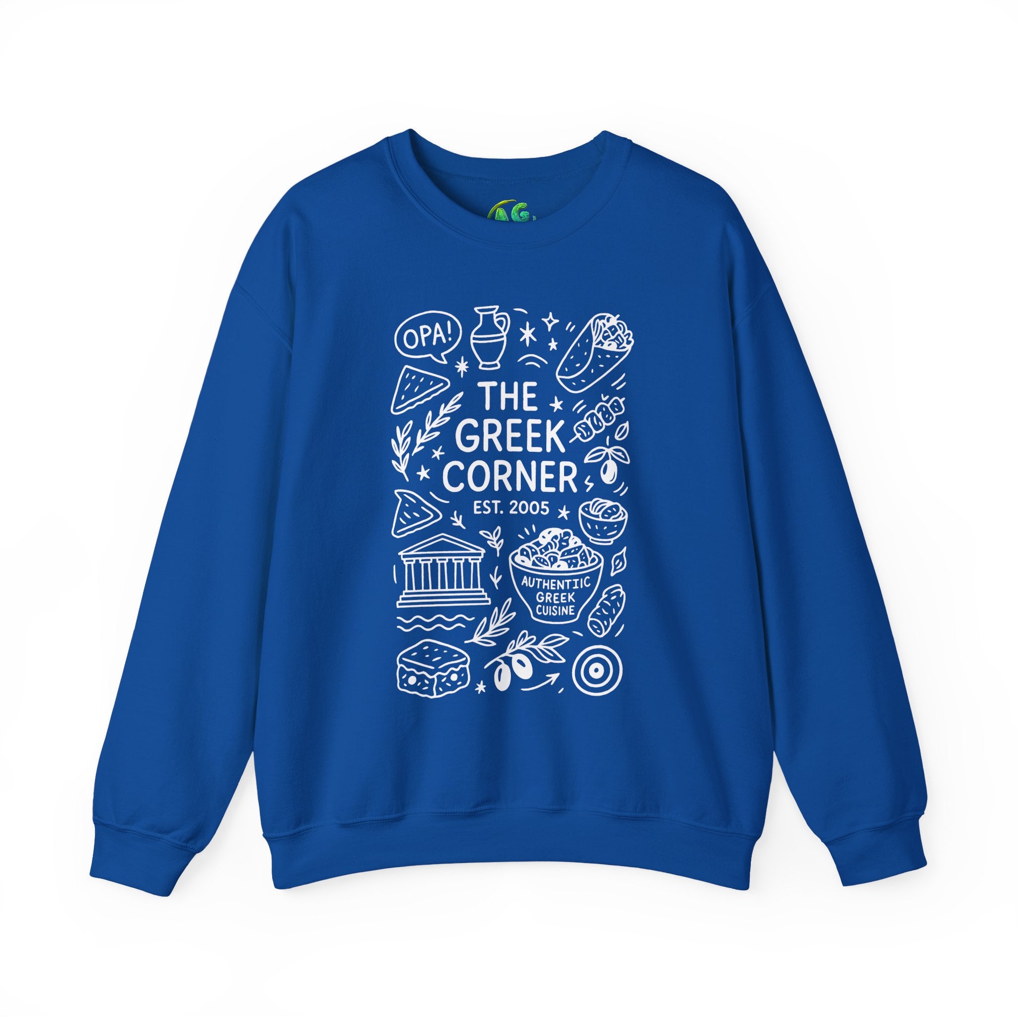 Greek Corner Crewneck Sweatshirt, Cozy Unisex Sweatshirt, Greek Theme Apparel, Gift for Food Lovers, Casual Everyday Wear