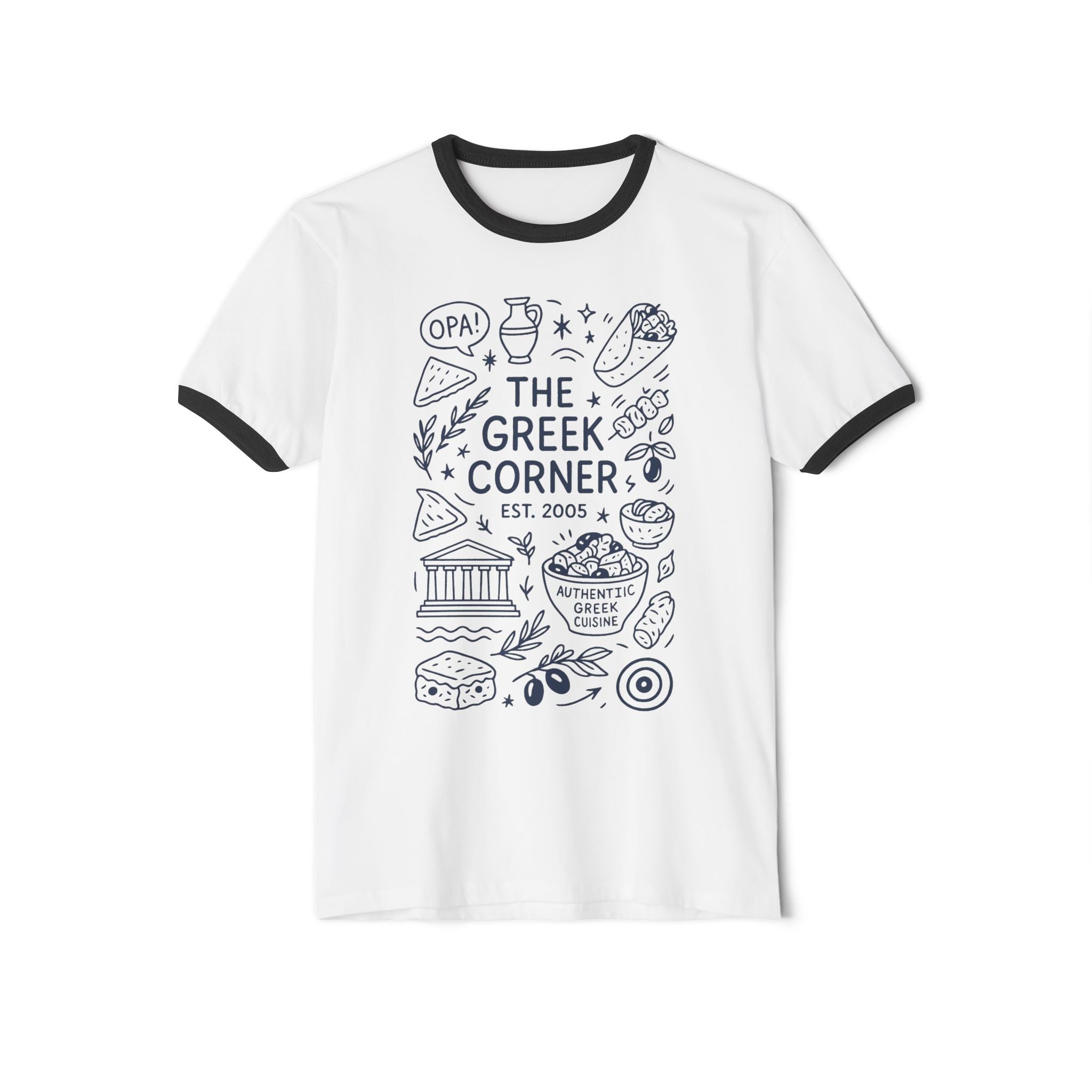 Greek Corner Unisex Ringer T-Shirt, Casual Tee, Vintage Style Shirt, Gift for Food Lovers, Summer Fashion, Greek Culture Merch