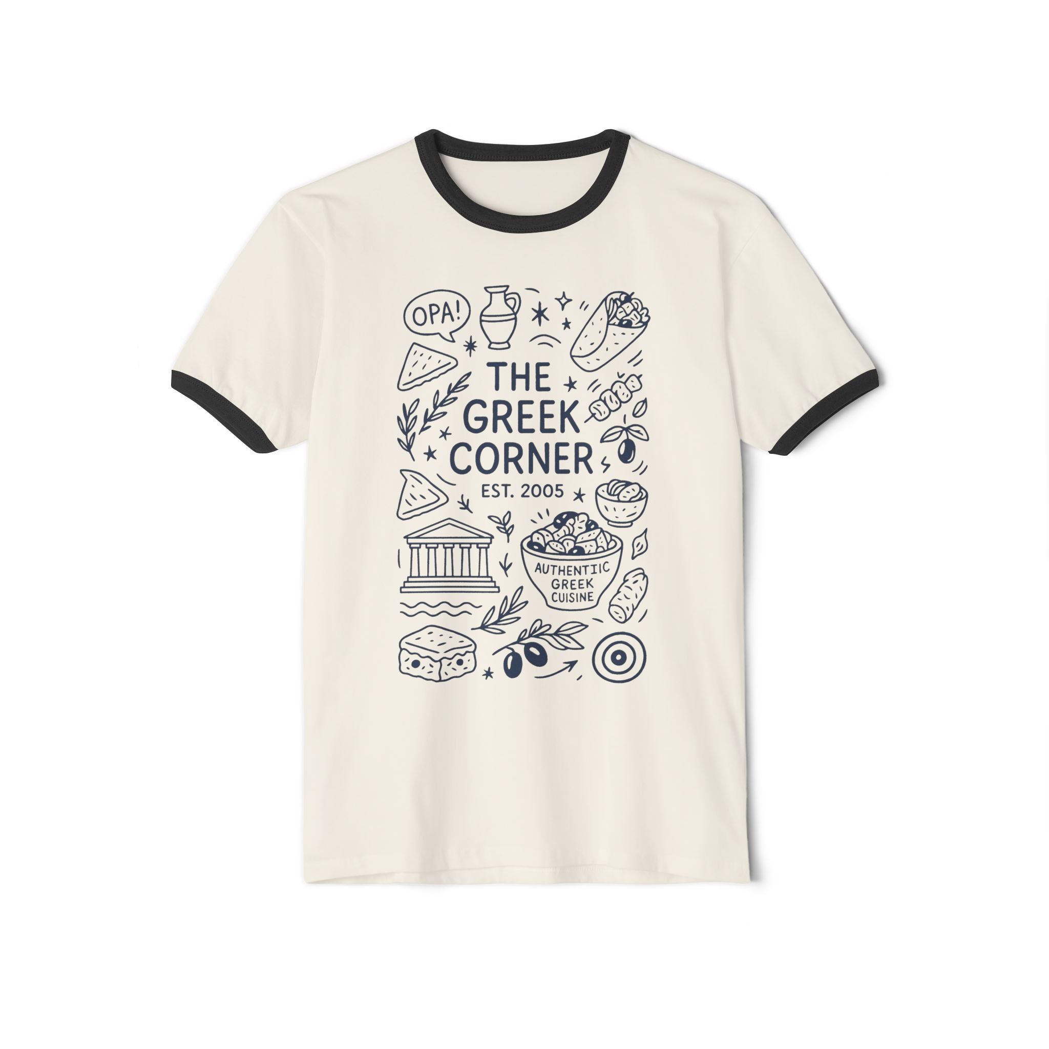 Greek Corner Unisex Ringer T-Shirt, Casual Tee, Vintage Style Shirt, Gift for Food Lovers, Summer Fashion, Greek Culture Merch