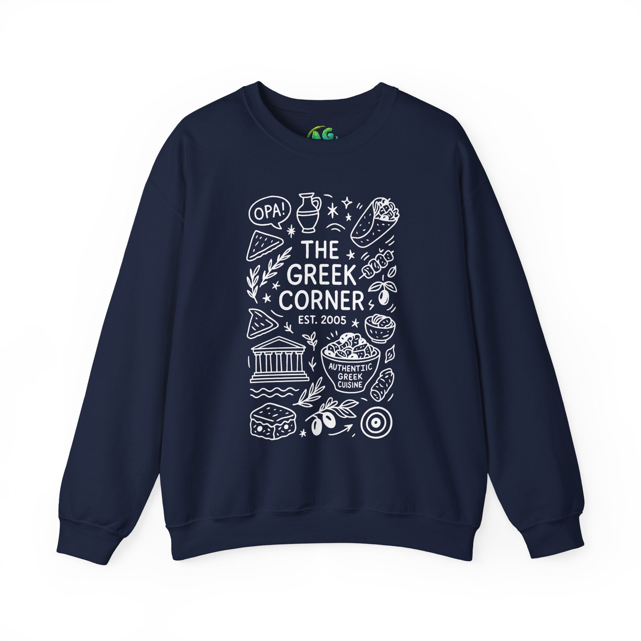 Greek Corner Crewneck Sweatshirt, Cozy Unisex Sweatshirt, Greek Theme Apparel, Gift for Food Lovers, Casual Everyday Wear