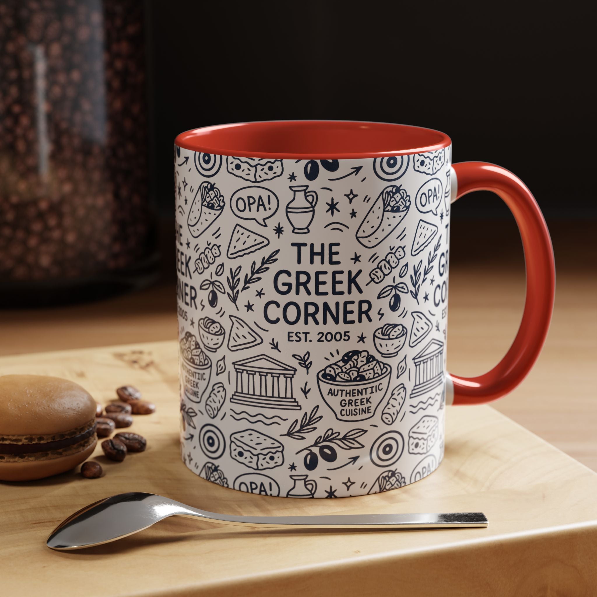 Greek Corner Accent Coffee Mug - Unique Coffee Cup for Food Lovers, Gift for Greek Cuisine Fans, OPA, Kitchen Decor, Casual Dining