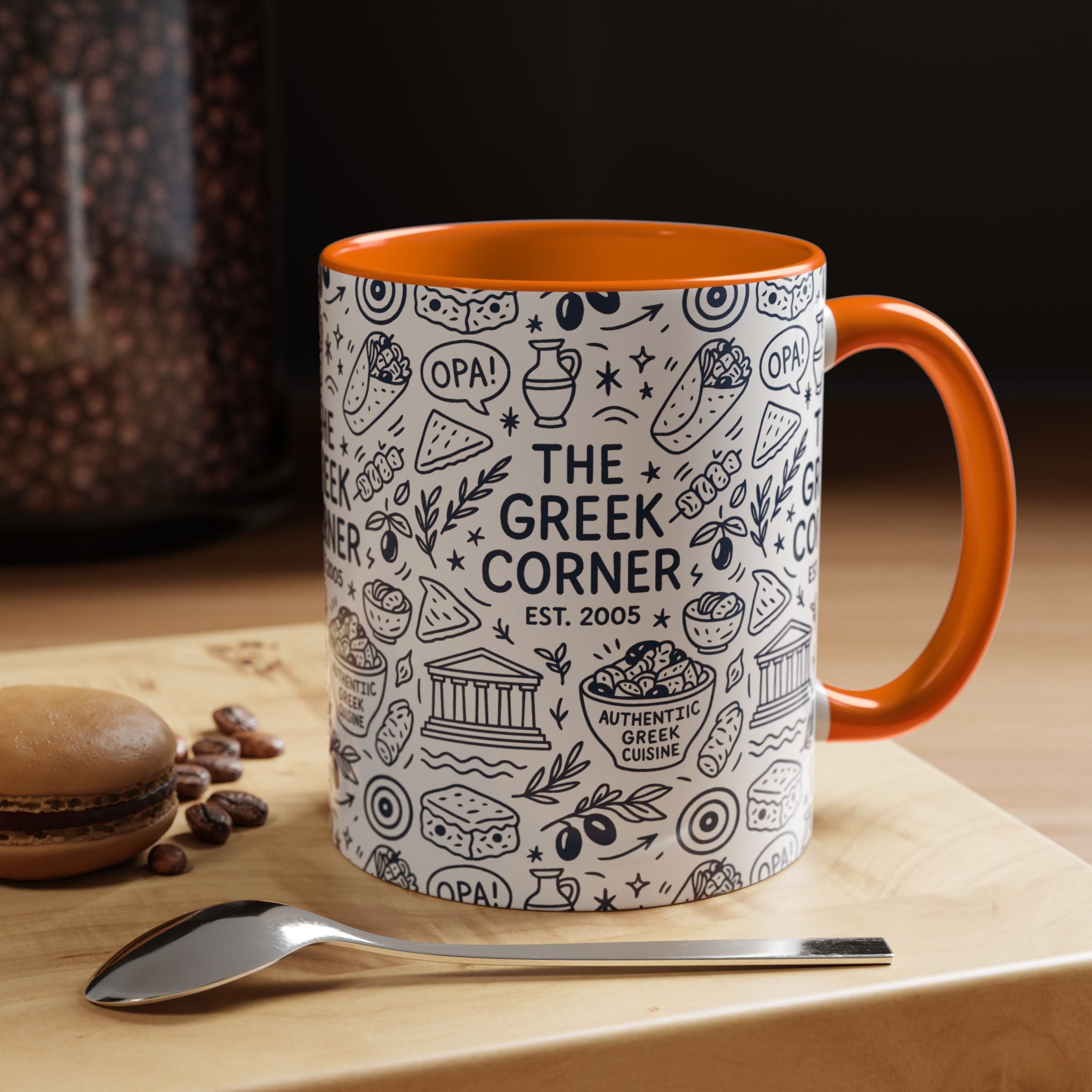 Greek Corner Accent Coffee Mug - Unique Coffee Cup for Food Lovers, Gift for Greek Cuisine Fans, OPA, Kitchen Decor, Casual Dining