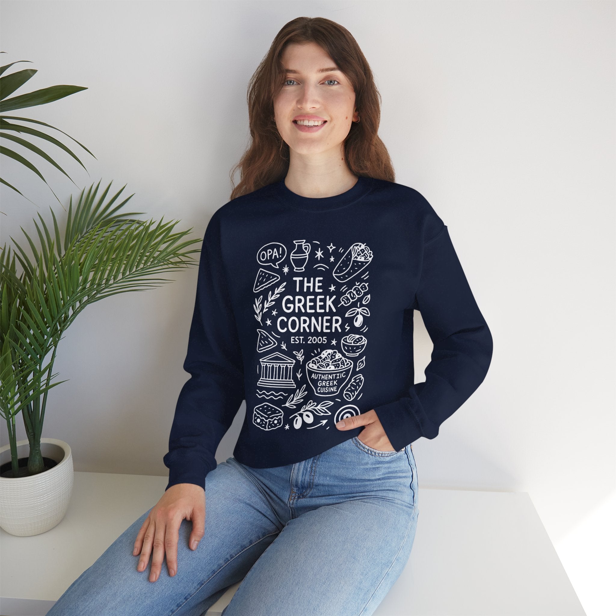 Greek Corner Crewneck Sweatshirt, Cozy Unisex Sweatshirt, Greek Theme Apparel, Gift for Food Lovers, Casual Everyday Wear