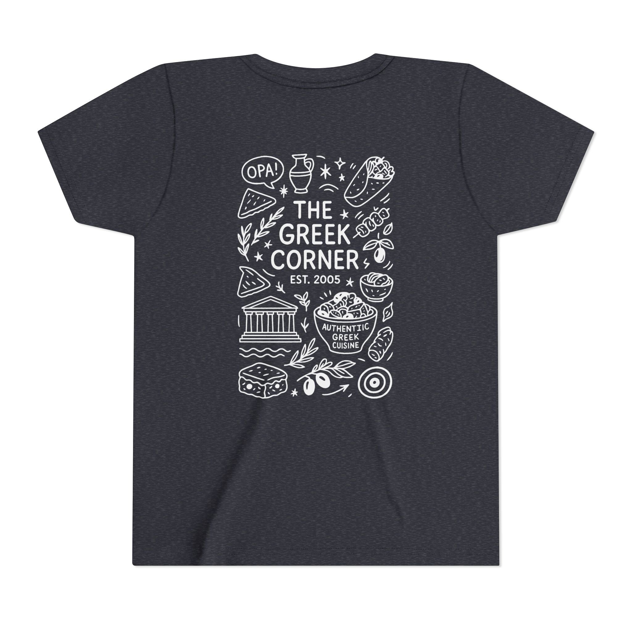 Youth Greek Cuisine Tee, Fun Kids Shirt, The Greek Corner Design, Summer Casual Wear, Gift for Food Lovers, Unique Youth Apparel