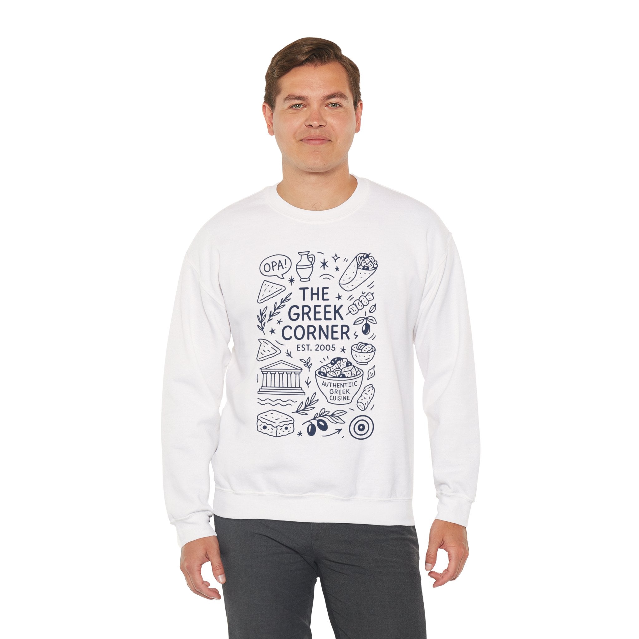 Greek Corner Crewneck Sweatshirt, Cozy Unisex Sweatshirt, Greek Theme Apparel, Gift for Food Lovers, Casual Everyday Wear