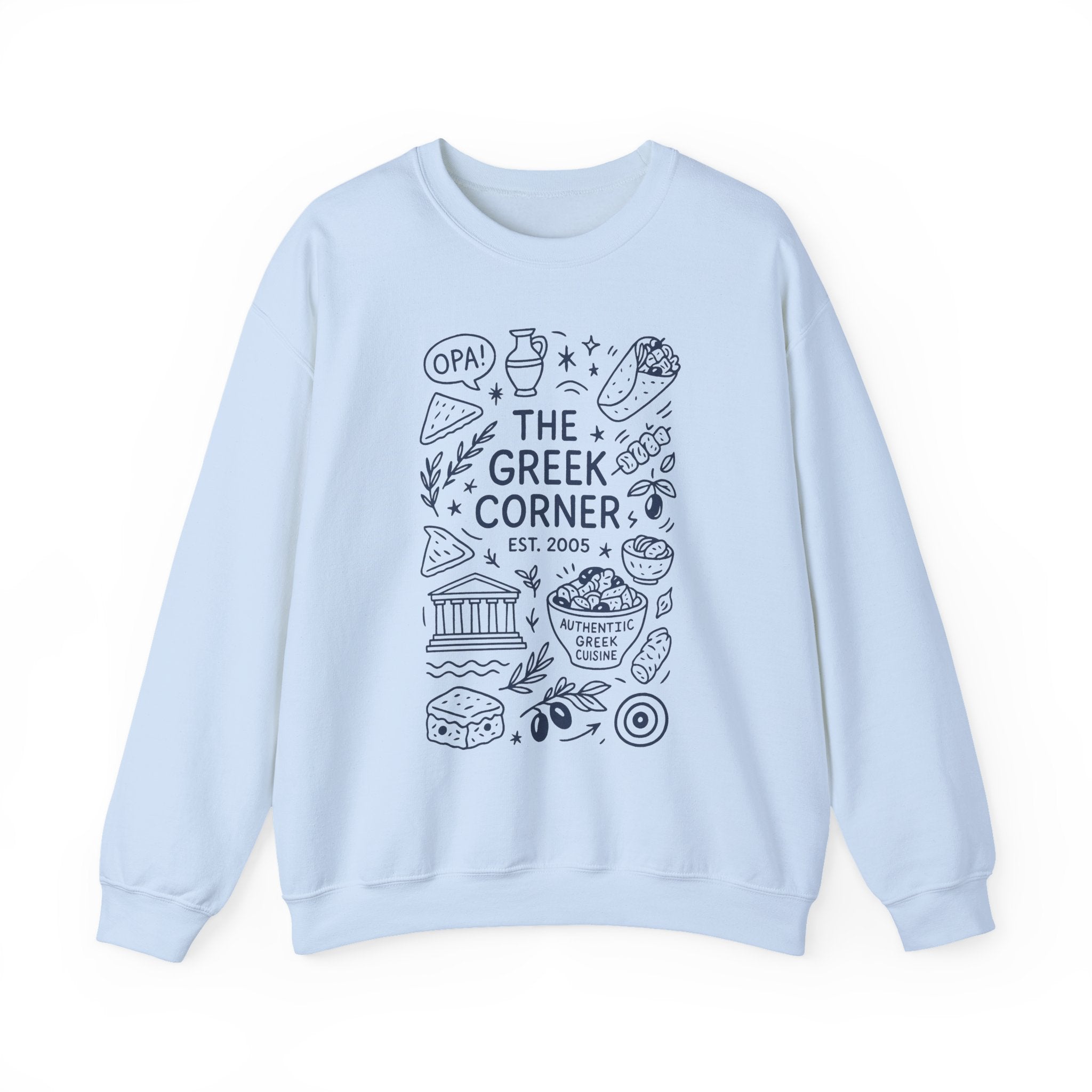 Greek Corner Crewneck Sweatshirt, Cozy Unisex Sweatshirt, Greek Theme Apparel, Gift for Food Lovers, Casual Everyday Wear