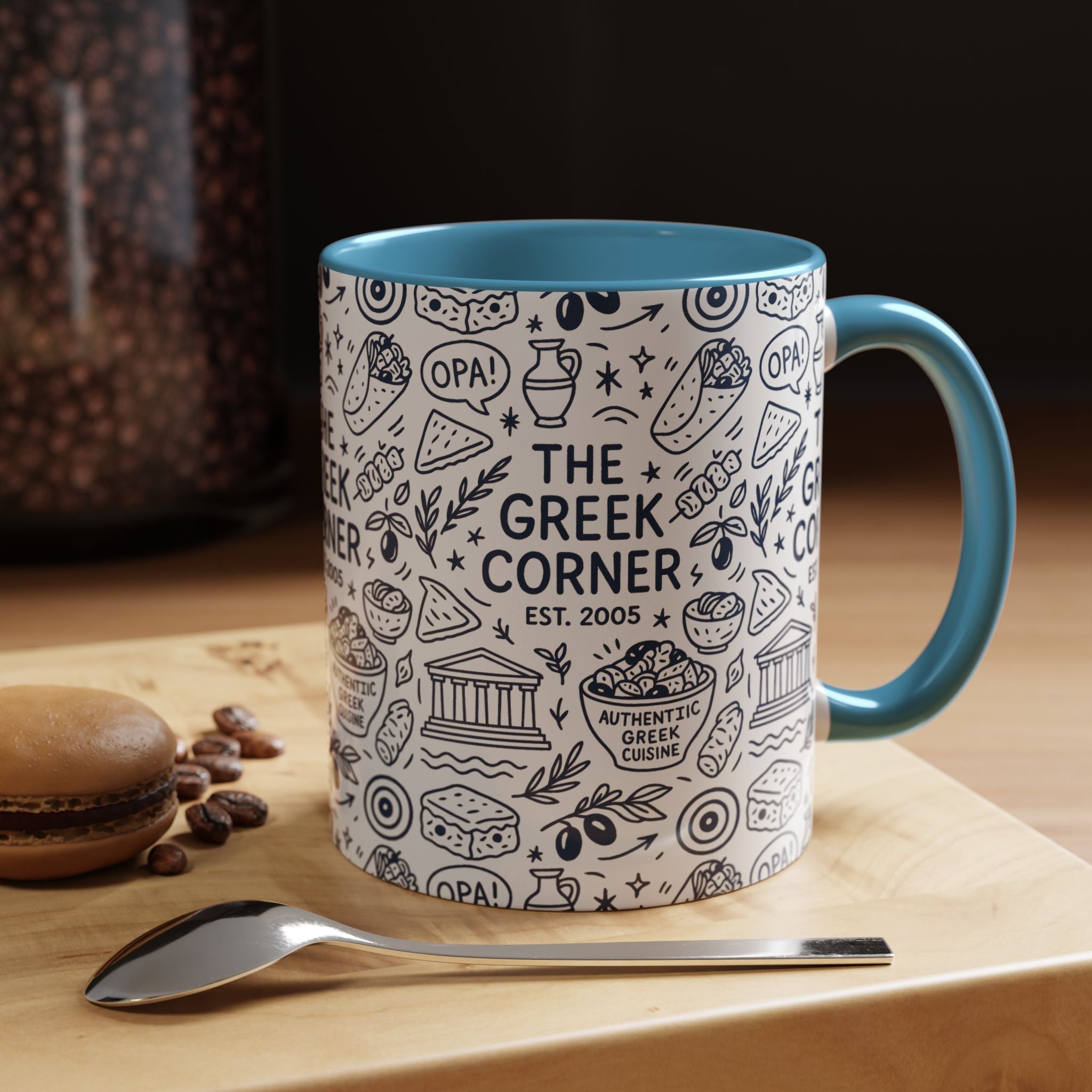 Greek Corner Accent Coffee Mug - Unique Coffee Cup for Food Lovers, Gift for Greek Cuisine Fans, OPA, Kitchen Decor, Casual Dining