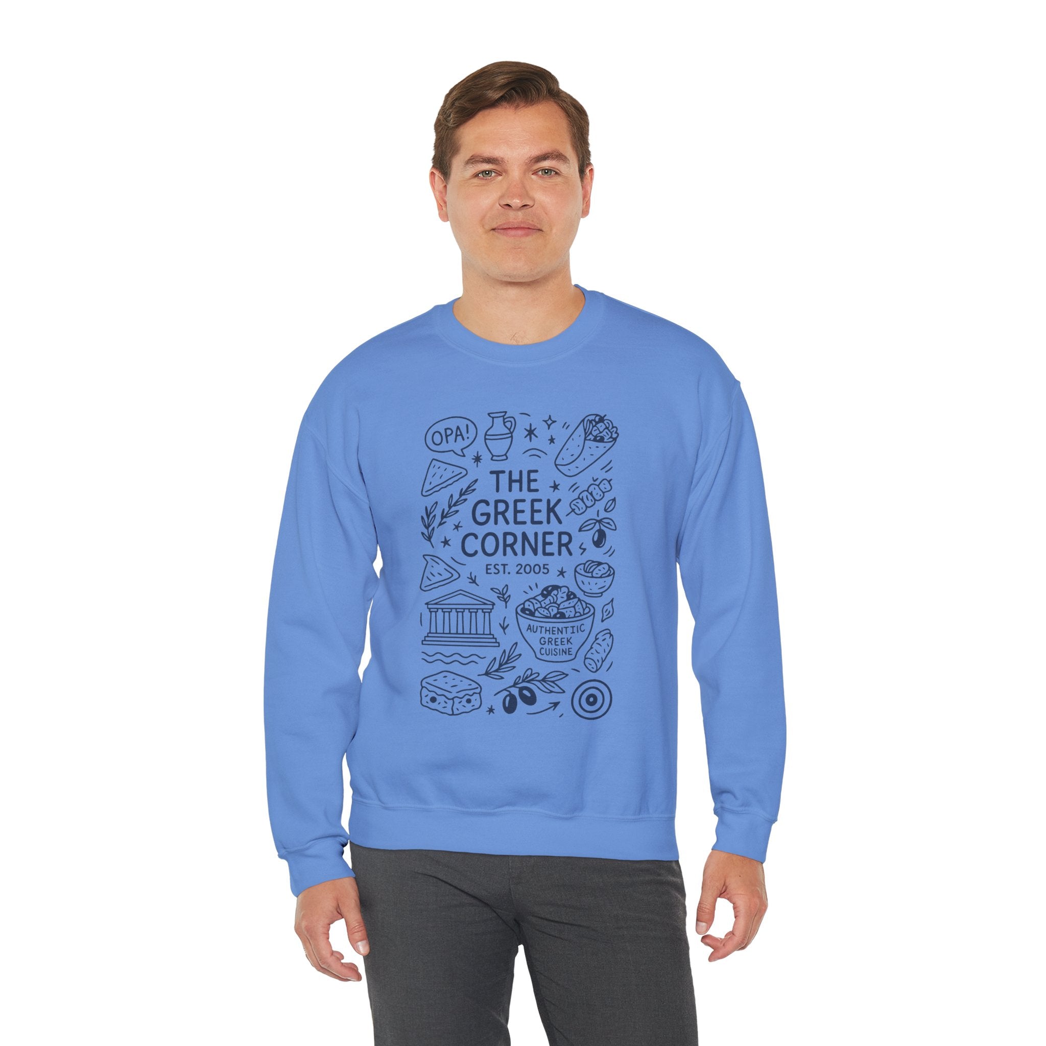 Greek Corner Crewneck Sweatshirt, Cozy Unisex Sweatshirt, Greek Theme Apparel, Gift for Food Lovers, Casual Everyday Wear