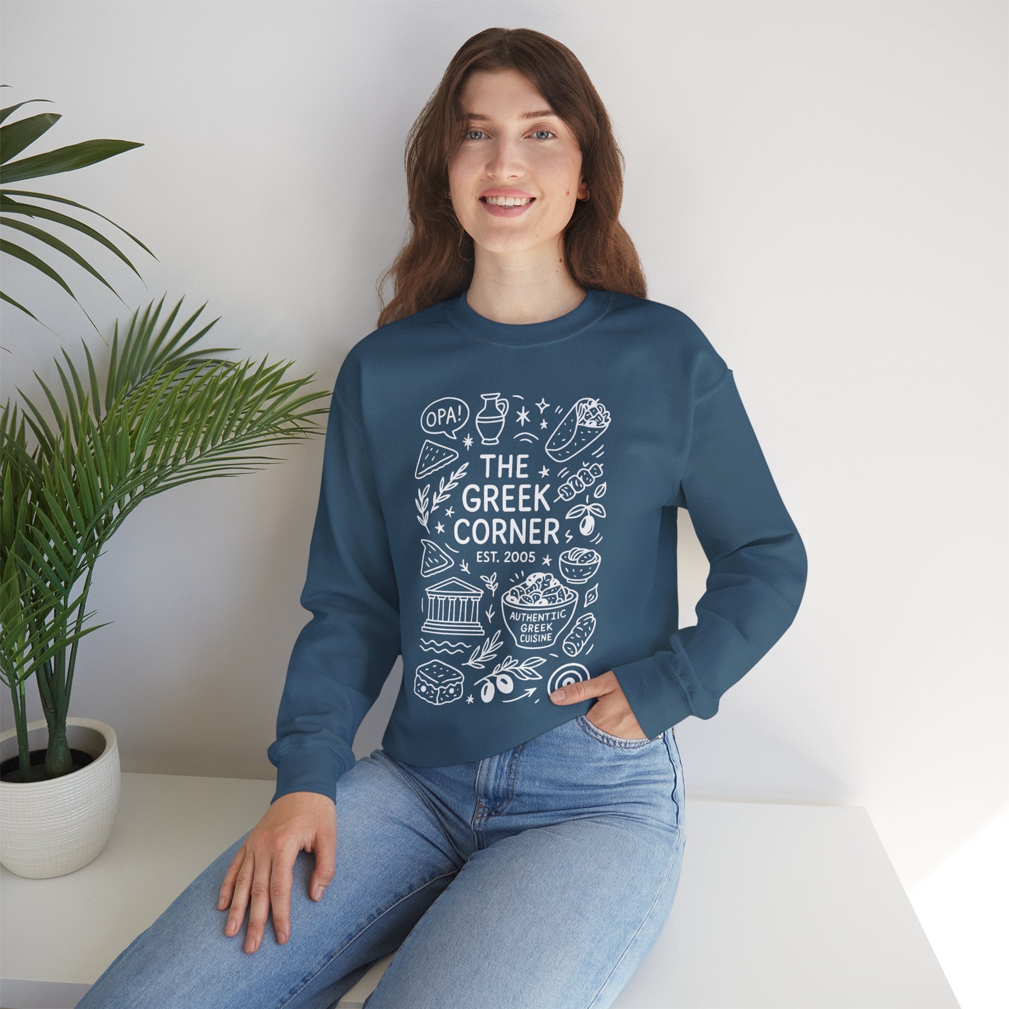Greek Corner Crewneck Sweatshirt, Cozy Unisex Sweatshirt, Greek Theme Apparel, Gift for Food Lovers, Casual Everyday Wear