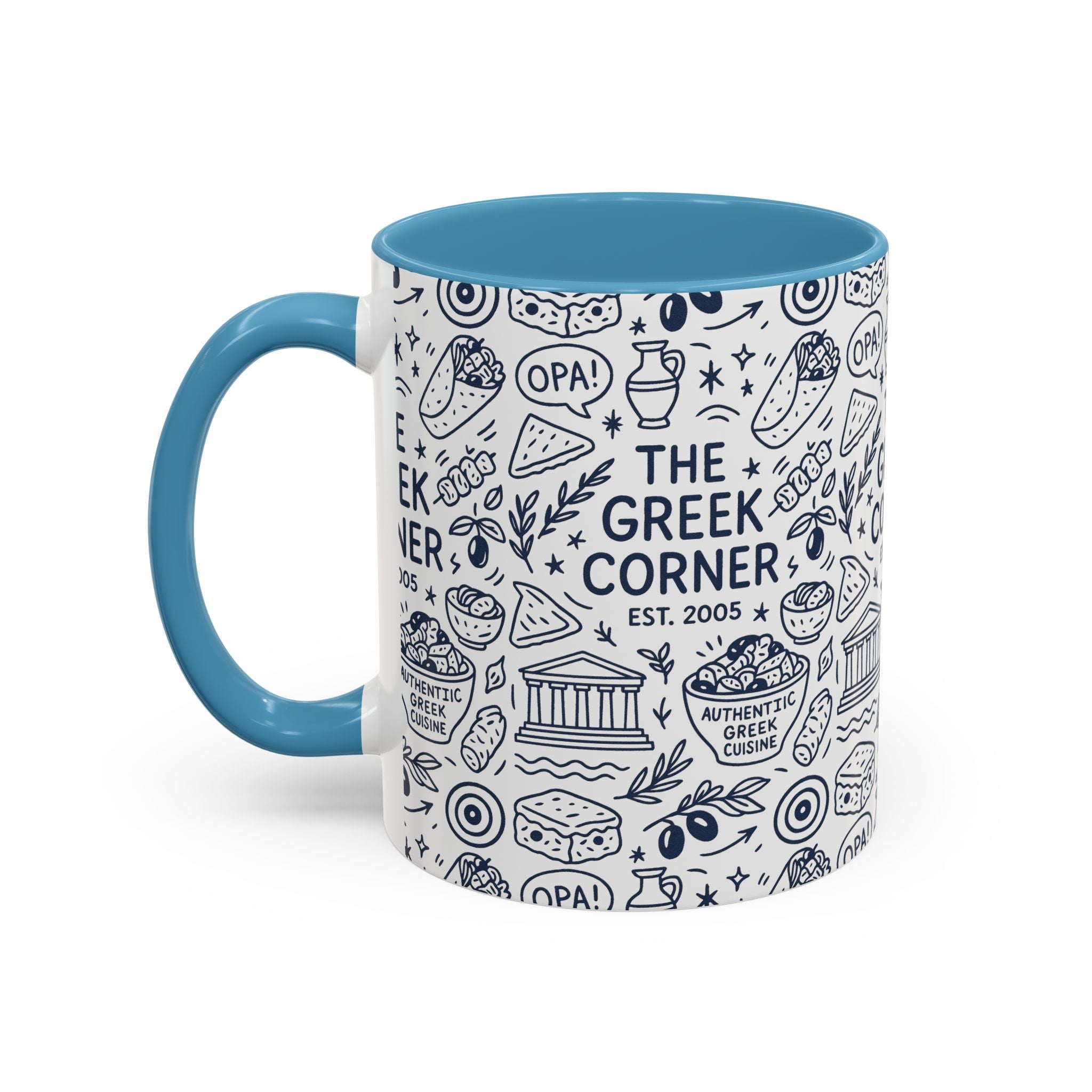 Greek Corner Accent Coffee Mug - Unique Coffee Cup for Food Lovers, Gift for Greek Cuisine Fans, OPA, Kitchen Decor, Casual Dining