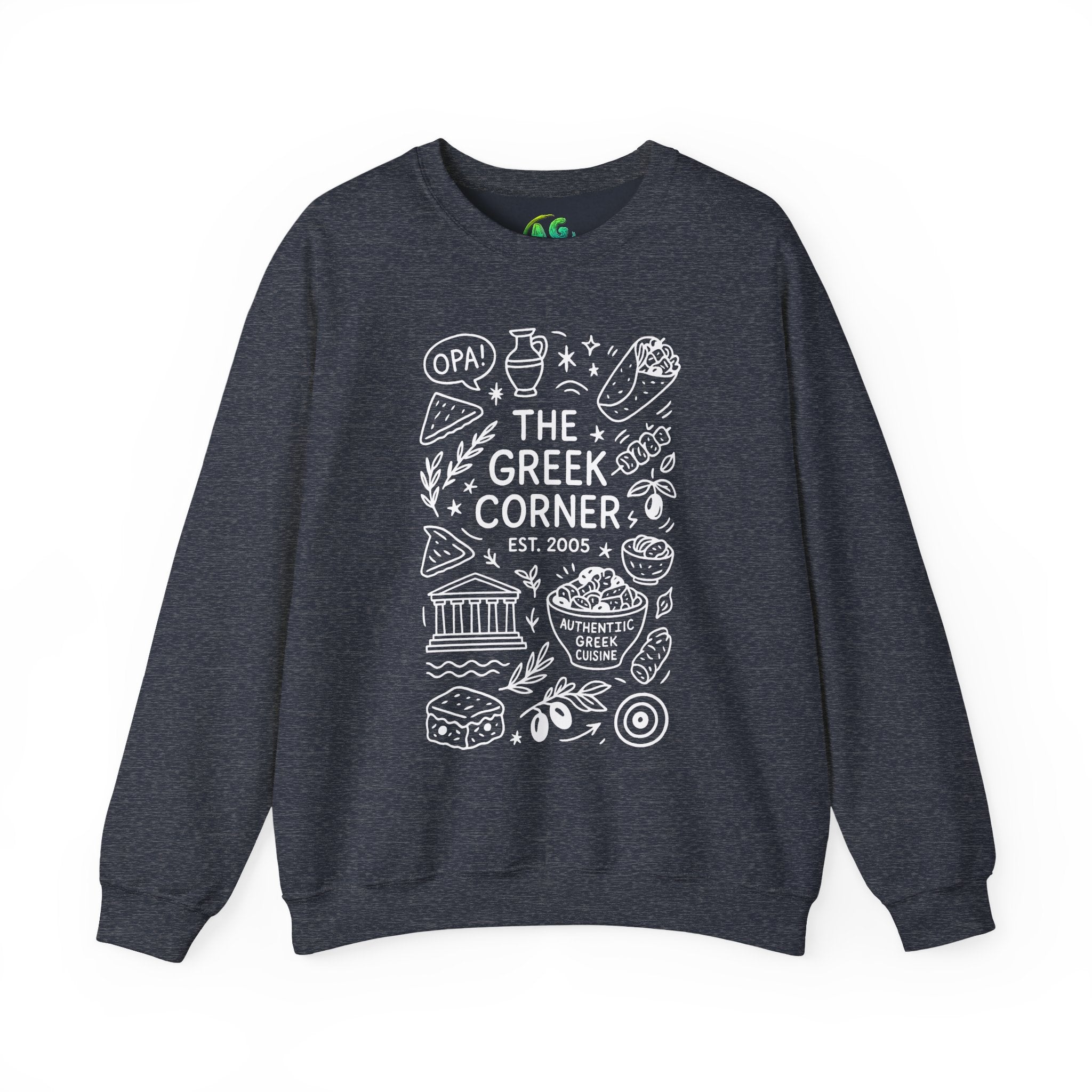 Greek Corner Crewneck Sweatshirt, Cozy Unisex Sweatshirt, Greek Theme Apparel, Gift for Food Lovers, Casual Everyday Wear