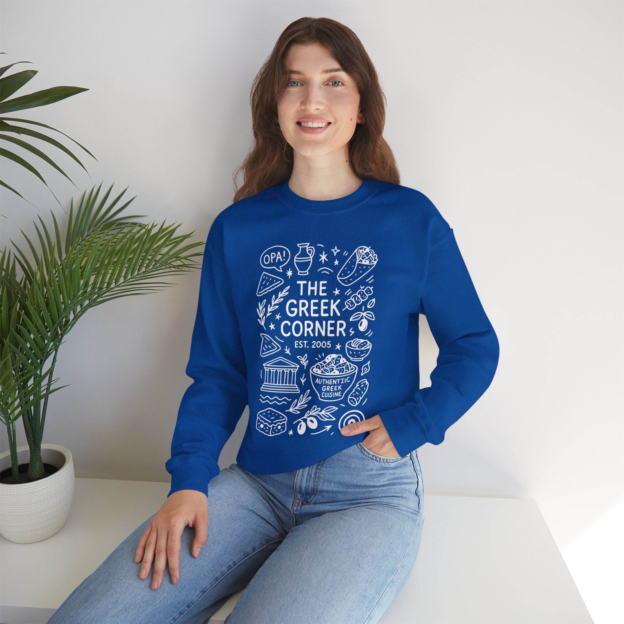 Greek Corner Crewneck Sweatshirt, Cozy Unisex Sweatshirt, Greek Theme Apparel, Gift for Food Lovers, Casual Everyday Wear