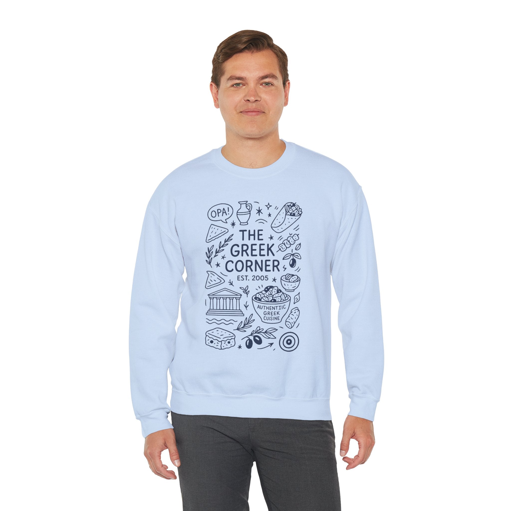 Greek Corner Crewneck Sweatshirt, Cozy Unisex Sweatshirt, Greek Theme Apparel, Gift for Food Lovers, Casual Everyday Wear