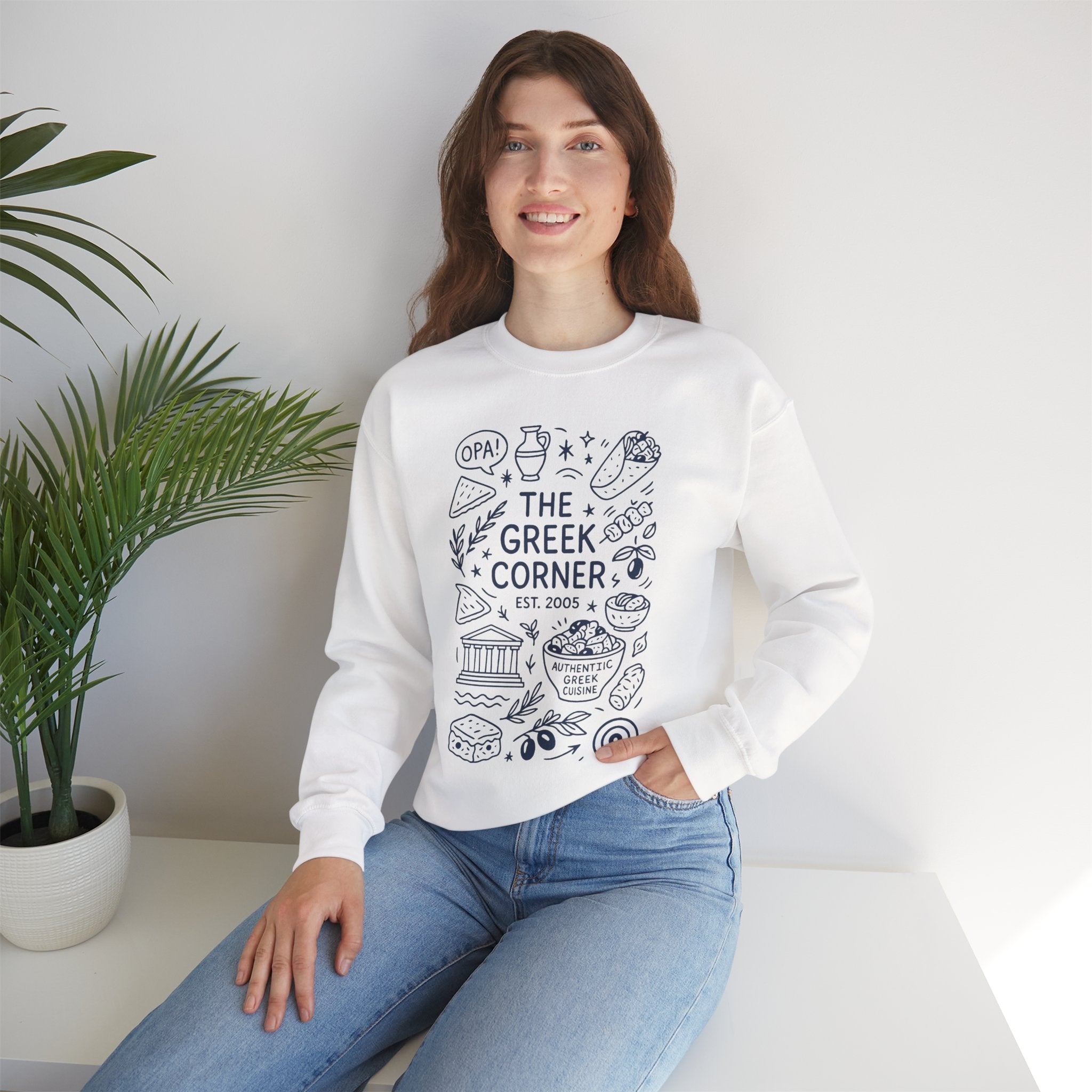 Greek Corner Crewneck Sweatshirt, Cozy Unisex Sweatshirt, Greek Theme Apparel, Gift for Food Lovers, Casual Everyday Wear