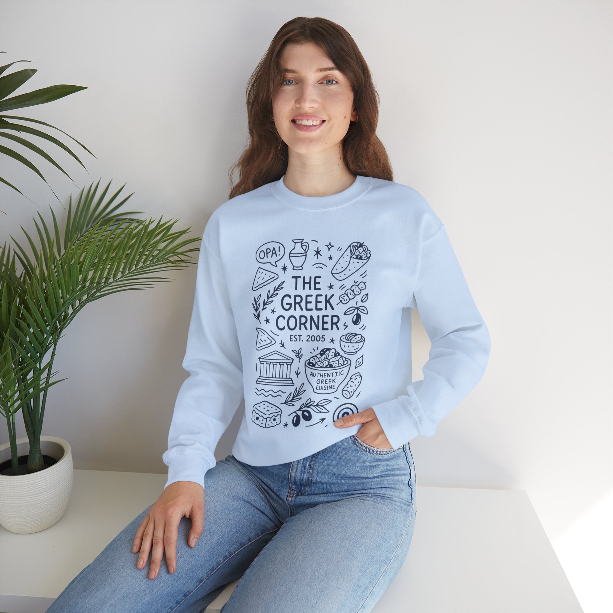 Greek Corner Crewneck Sweatshirt, Cozy Unisex Sweatshirt, Greek Theme Apparel, Gift for Food Lovers, Casual Everyday Wear