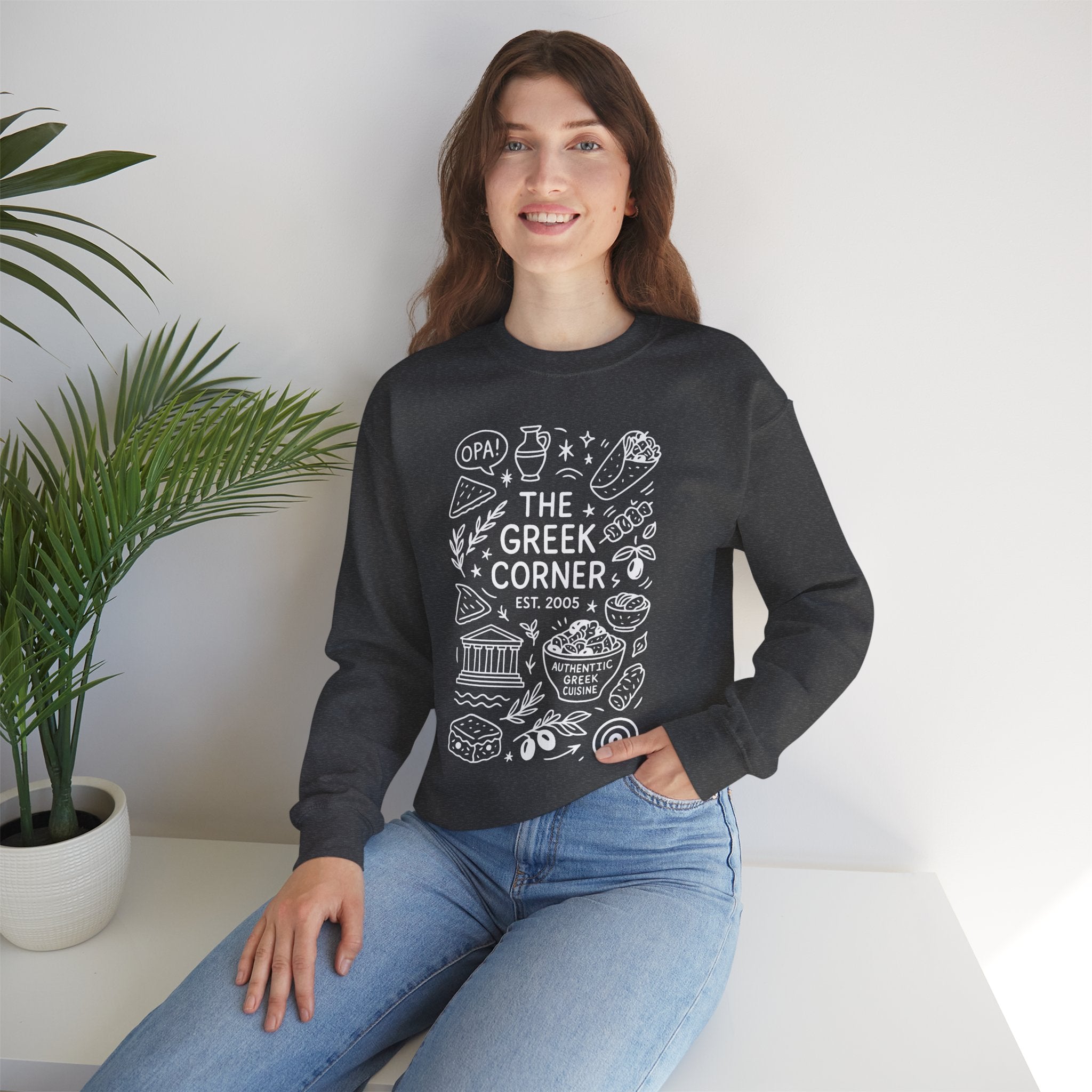 Greek Corner Crewneck Sweatshirt, Cozy Unisex Sweatshirt, Greek Theme Apparel, Gift for Food Lovers, Casual Everyday Wear
