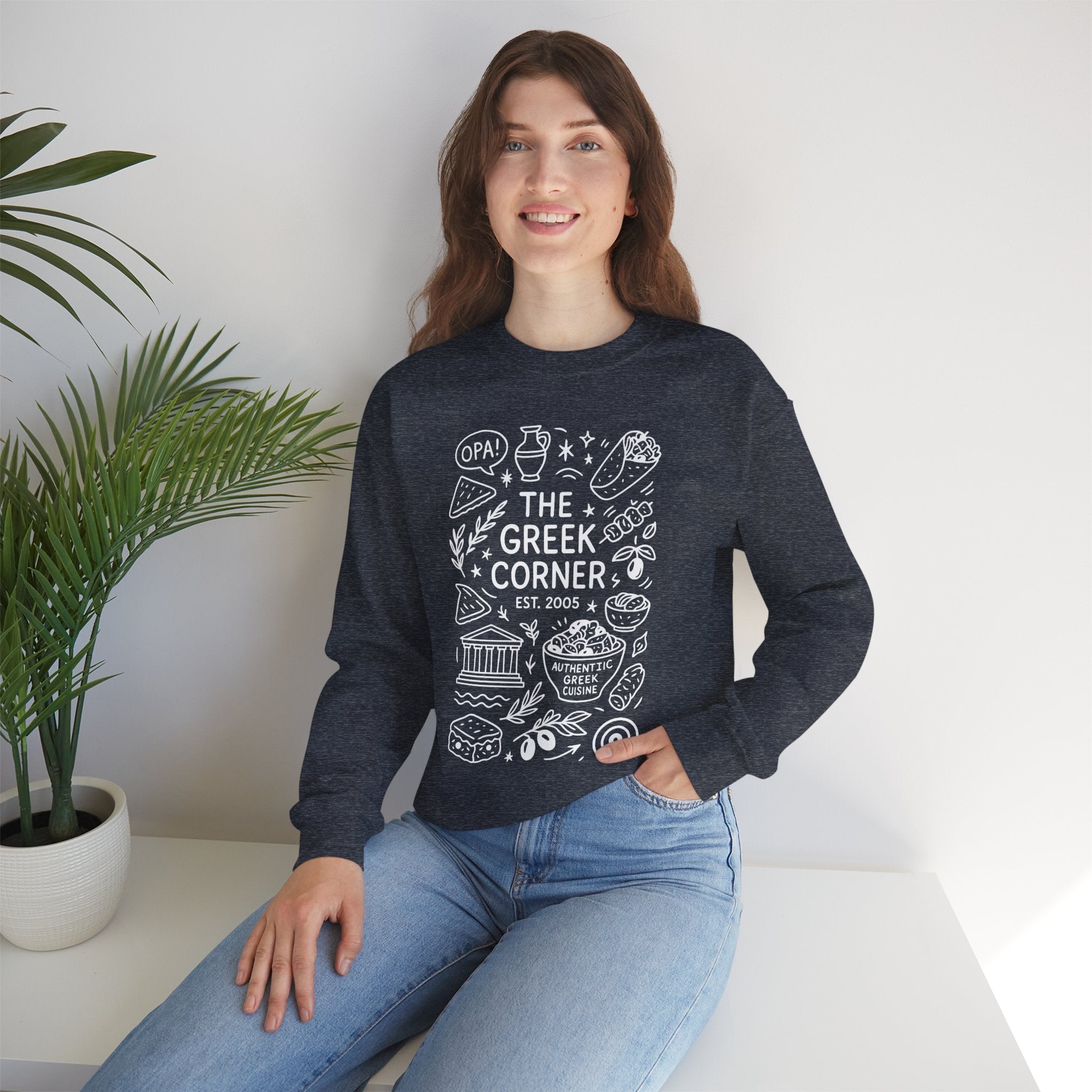 Greek Corner Crewneck Sweatshirt, Cozy Unisex Sweatshirt, Greek Theme Apparel, Gift for Food Lovers, Casual Everyday Wear
