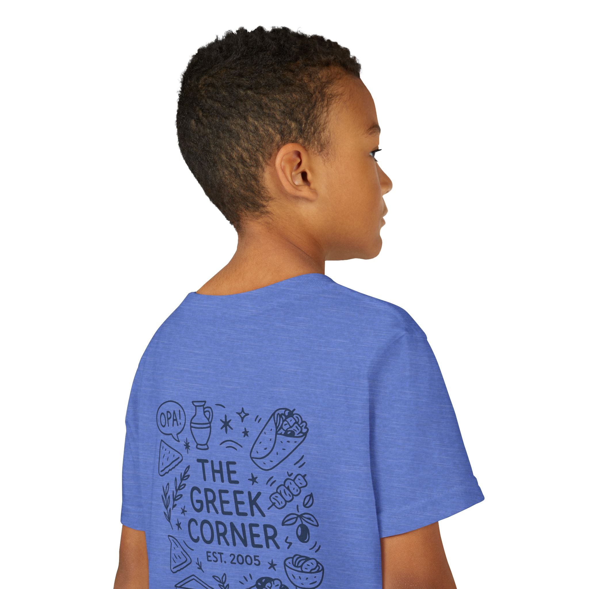 Youth Greek Cuisine Tee, Fun Kids Shirt, The Greek Corner Design, Summer Casual Wear, Gift for Food Lovers, Unique Youth Apparel