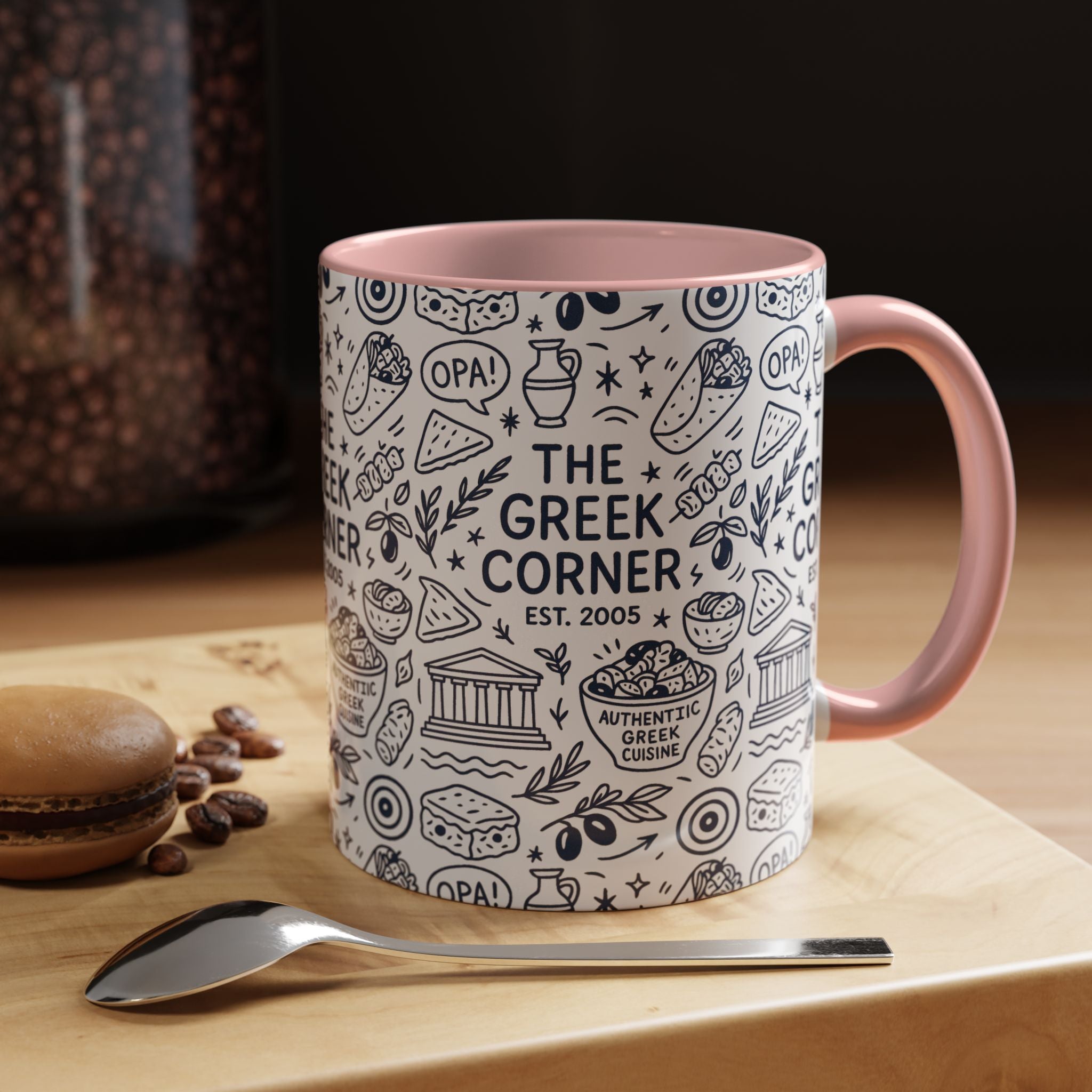 Greek Corner Accent Coffee Mug - Unique Coffee Cup for Food Lovers, Gift for Greek Cuisine Fans, OPA, Kitchen Decor, Casual Dining