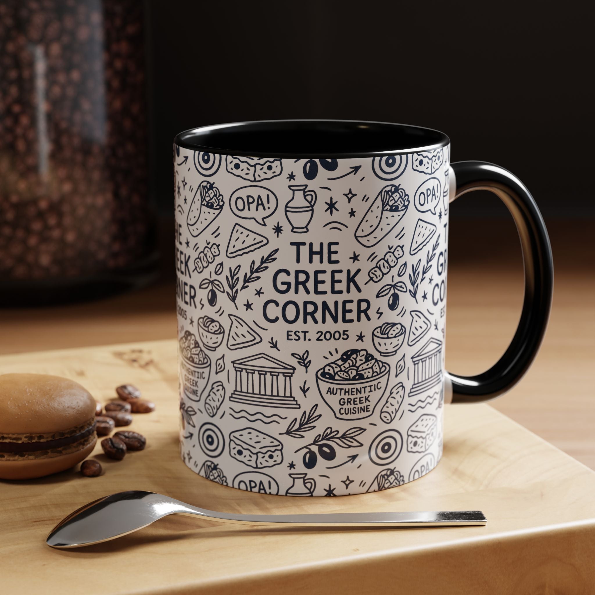Greek Corner Accent Coffee Mug - Unique Coffee Cup for Food Lovers, Gift for Greek Cuisine Fans, OPA, Kitchen Decor, Casual Dining