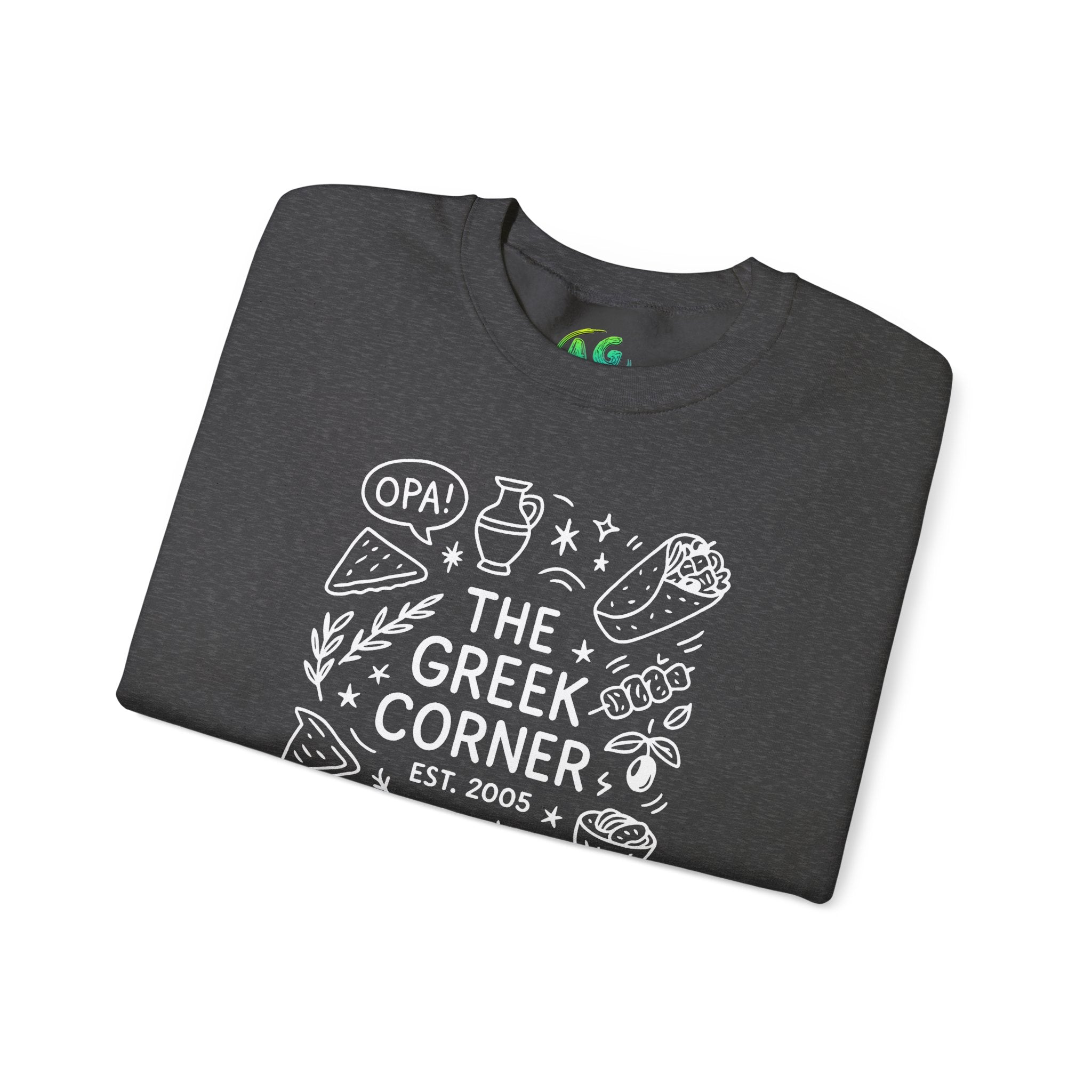Greek Corner Crewneck Sweatshirt, Cozy Unisex Sweatshirt, Greek Theme Apparel, Gift for Food Lovers, Casual Everyday Wear