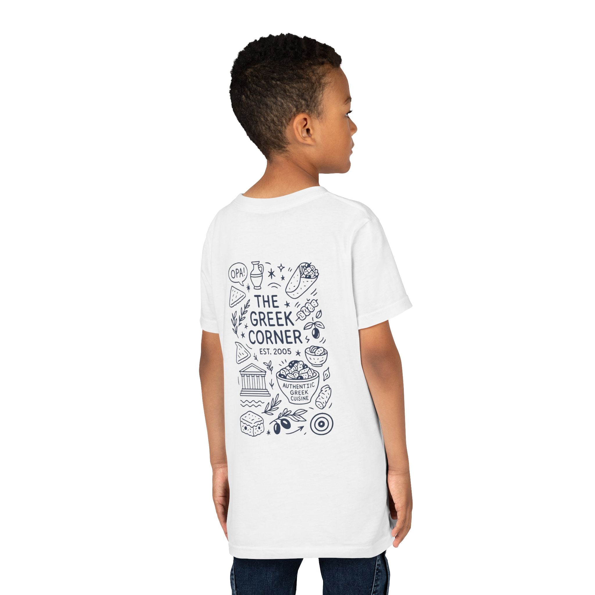 Youth Greek Cuisine Tee, Fun Kids Shirt, The Greek Corner Design, Summer Casual Wear, Gift for Food Lovers, Unique Youth Apparel