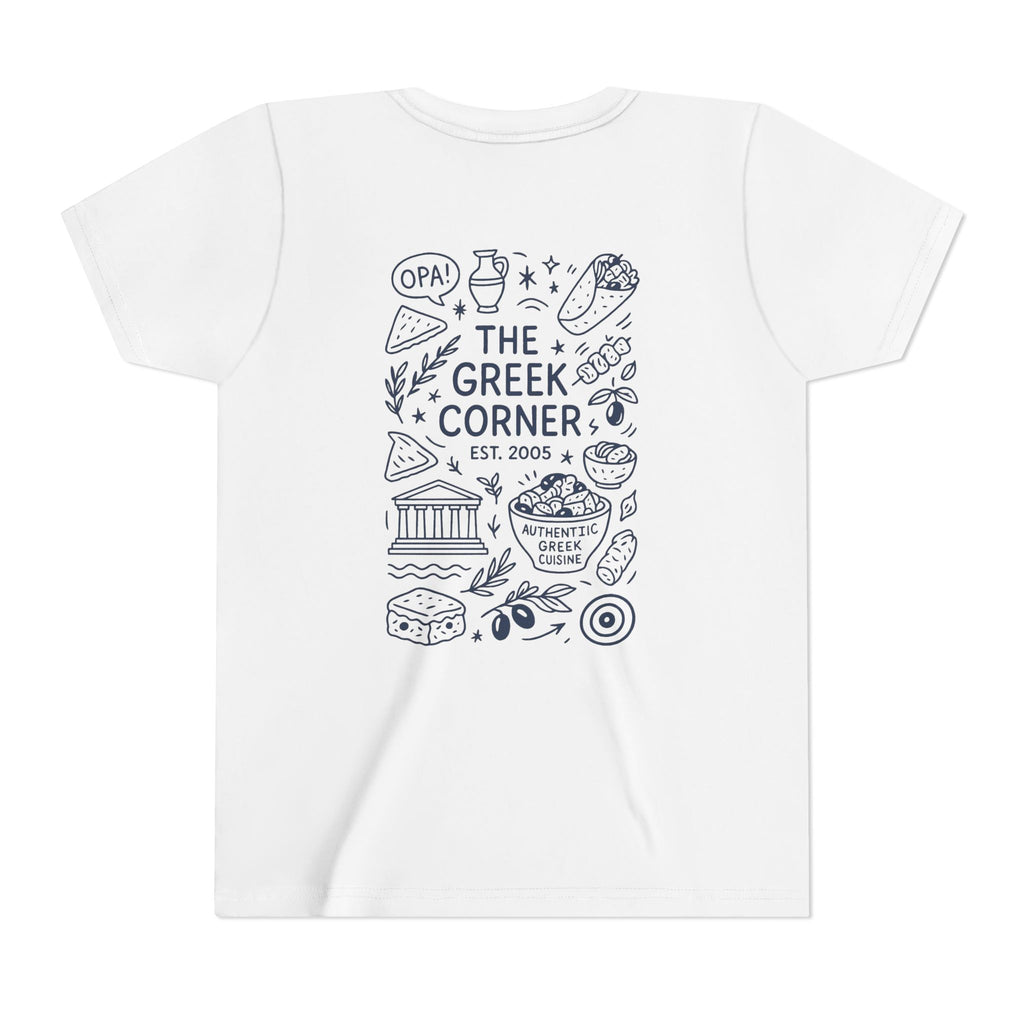 Youth Greek Cuisine Tee, Fun Kids Shirt, The Greek Corner Design, Summer Casual Wear, Gift for Food Lovers, Unique Youth Apparel