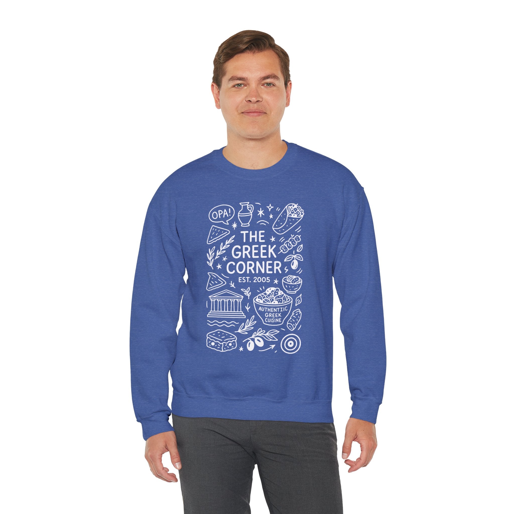 Greek Corner Crewneck Sweatshirt, Cozy Unisex Sweatshirt, Greek Theme Apparel, Gift for Food Lovers, Casual Everyday Wear