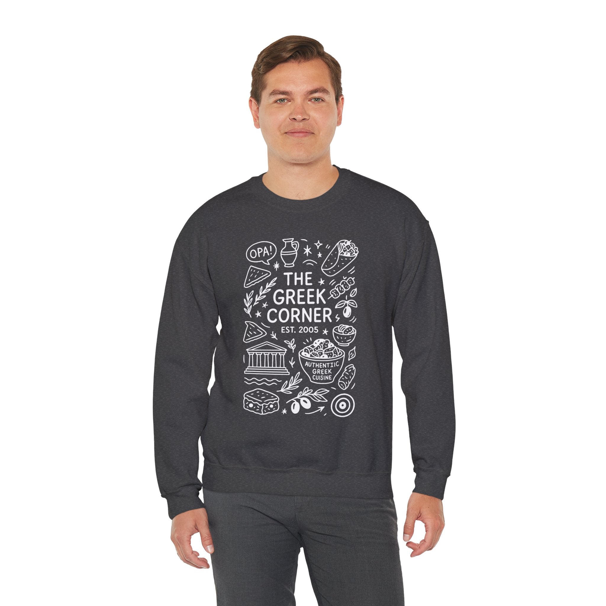 Greek Corner Crewneck Sweatshirt, Cozy Unisex Sweatshirt, Greek Theme Apparel, Gift for Food Lovers, Casual Everyday Wear