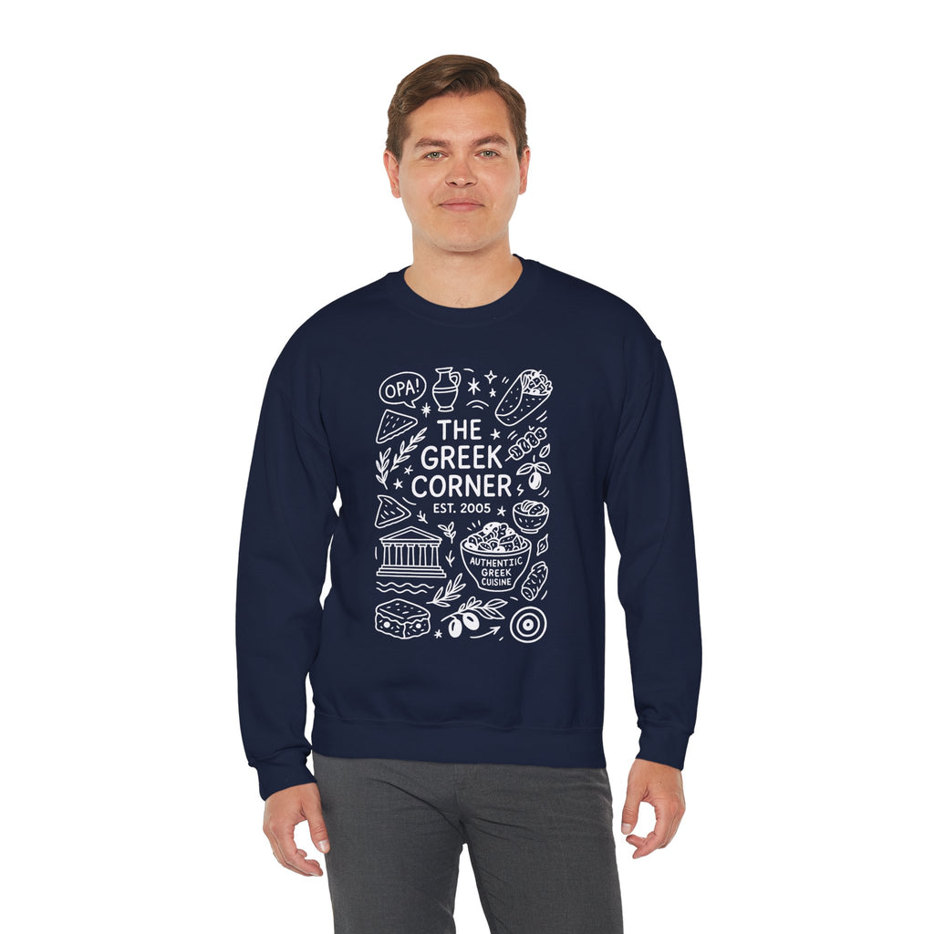 Greek Corner Crewneck Sweatshirt, Cozy Unisex Sweatshirt, Greek Theme Apparel, Gift for Food Lovers, Casual Everyday Wear