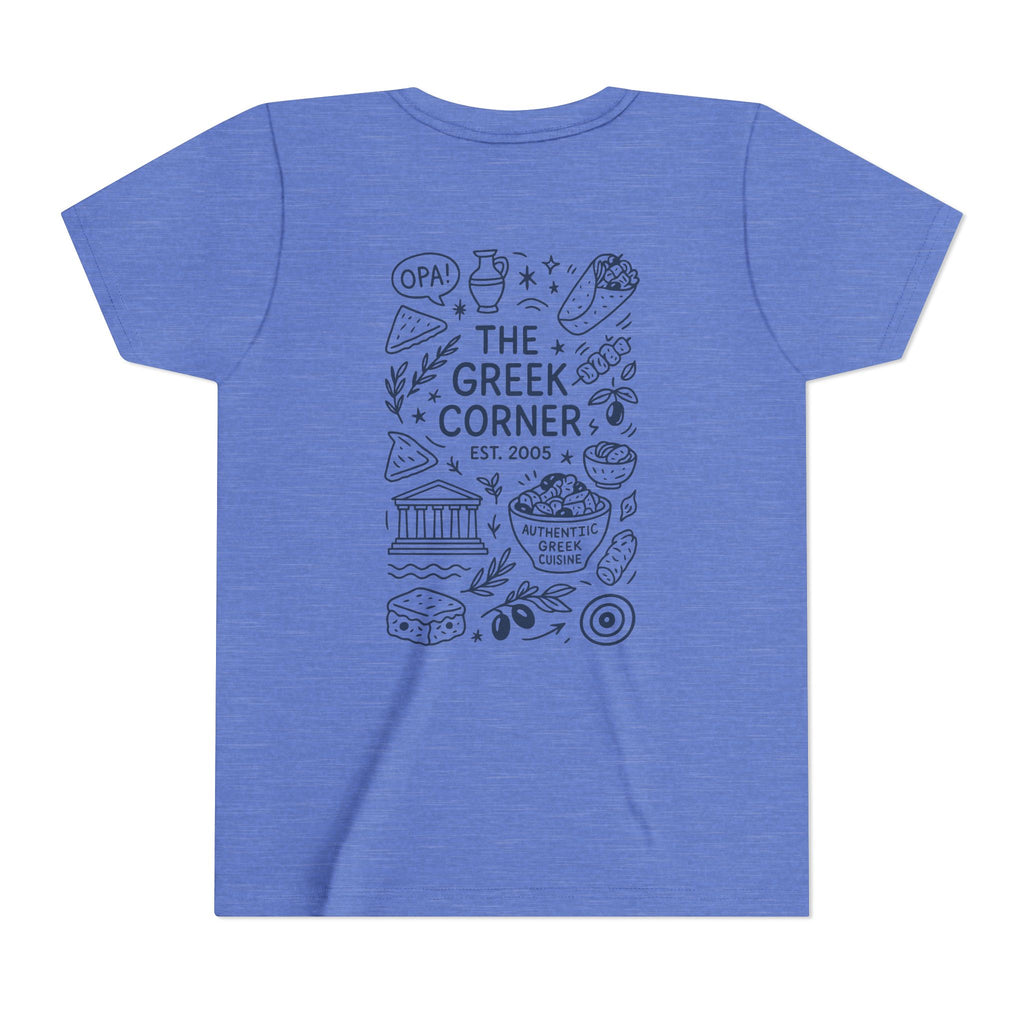 Youth Greek Cuisine Tee, Fun Kids Shirt, The Greek Corner Design, Summer Casual Wear, Gift for Food Lovers, Unique Youth Apparel