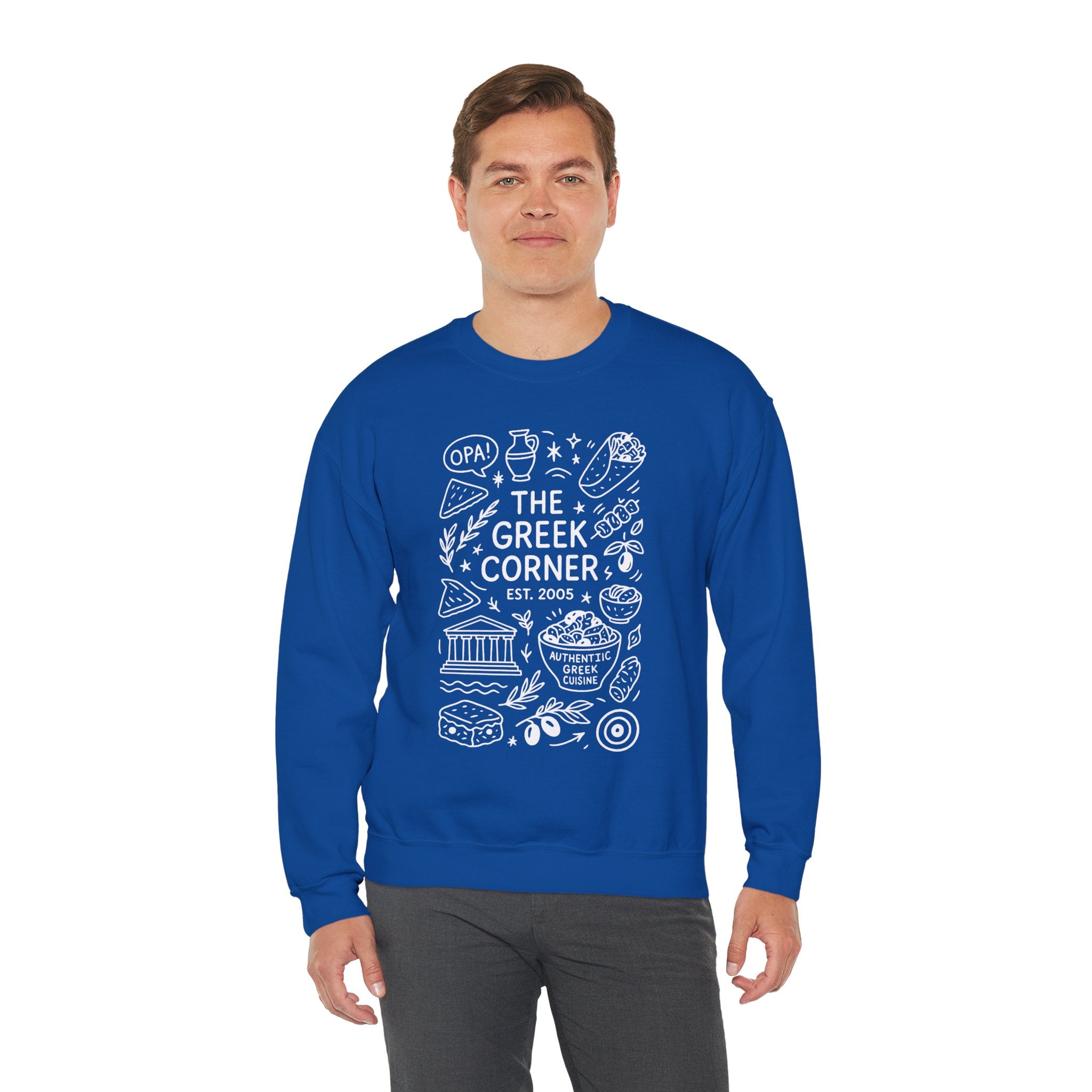 Greek Corner Crewneck Sweatshirt, Cozy Unisex Sweatshirt, Greek Theme Apparel, Gift for Food Lovers, Casual Everyday Wear