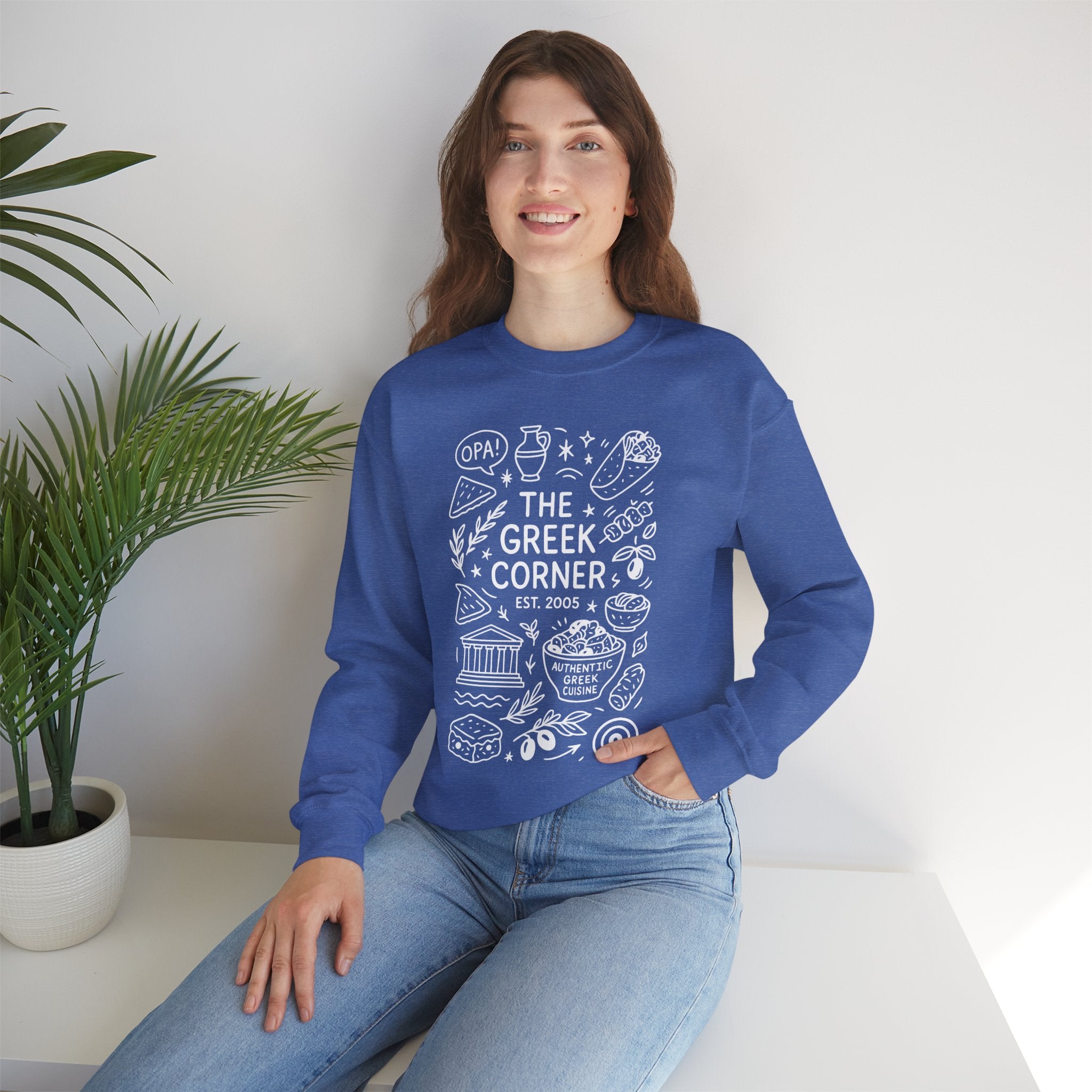 Greek Corner Crewneck Sweatshirt, Cozy Unisex Sweatshirt, Greek Theme Apparel, Gift for Food Lovers, Casual Everyday Wear