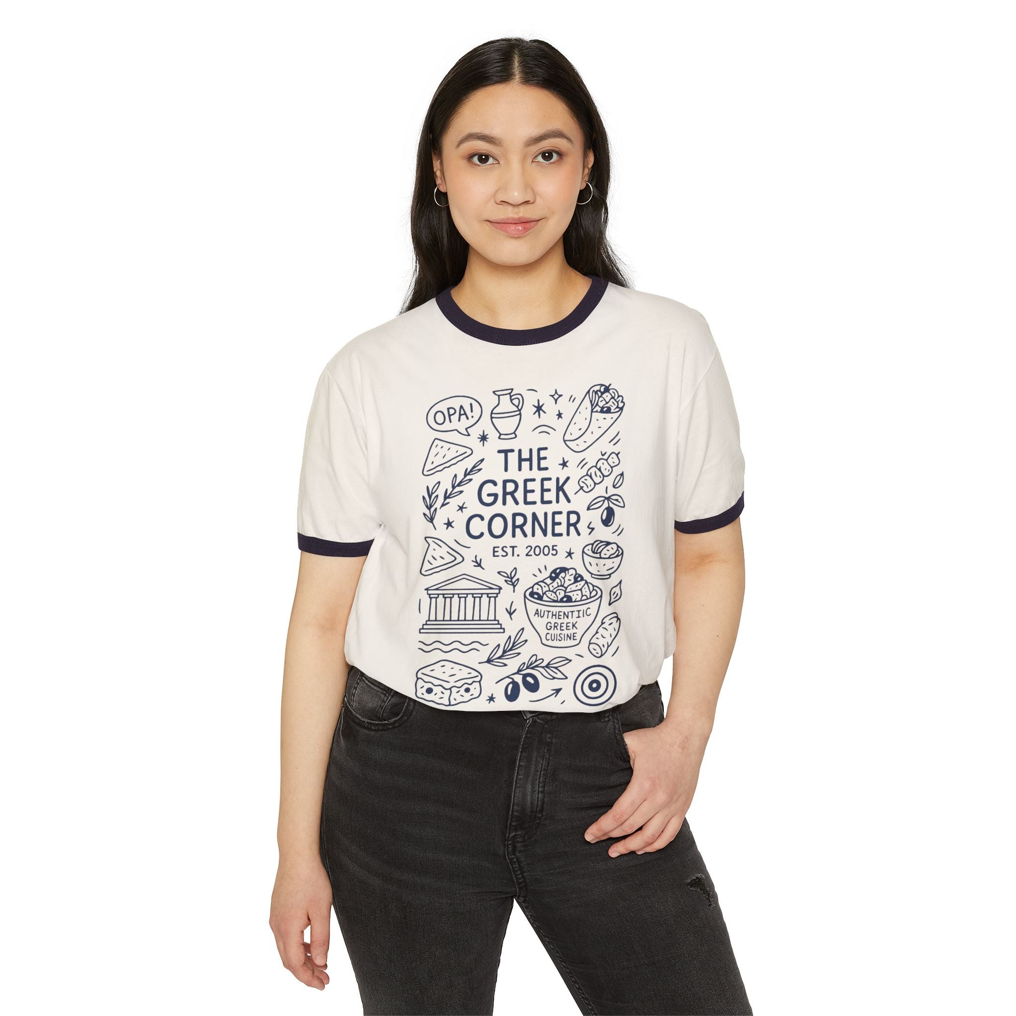 Greek Corner Unisex Ringer T-Shirt, Casual Tee, Vintage Style Shirt, Gift for Food Lovers, Summer Fashion, Greek Culture Merch