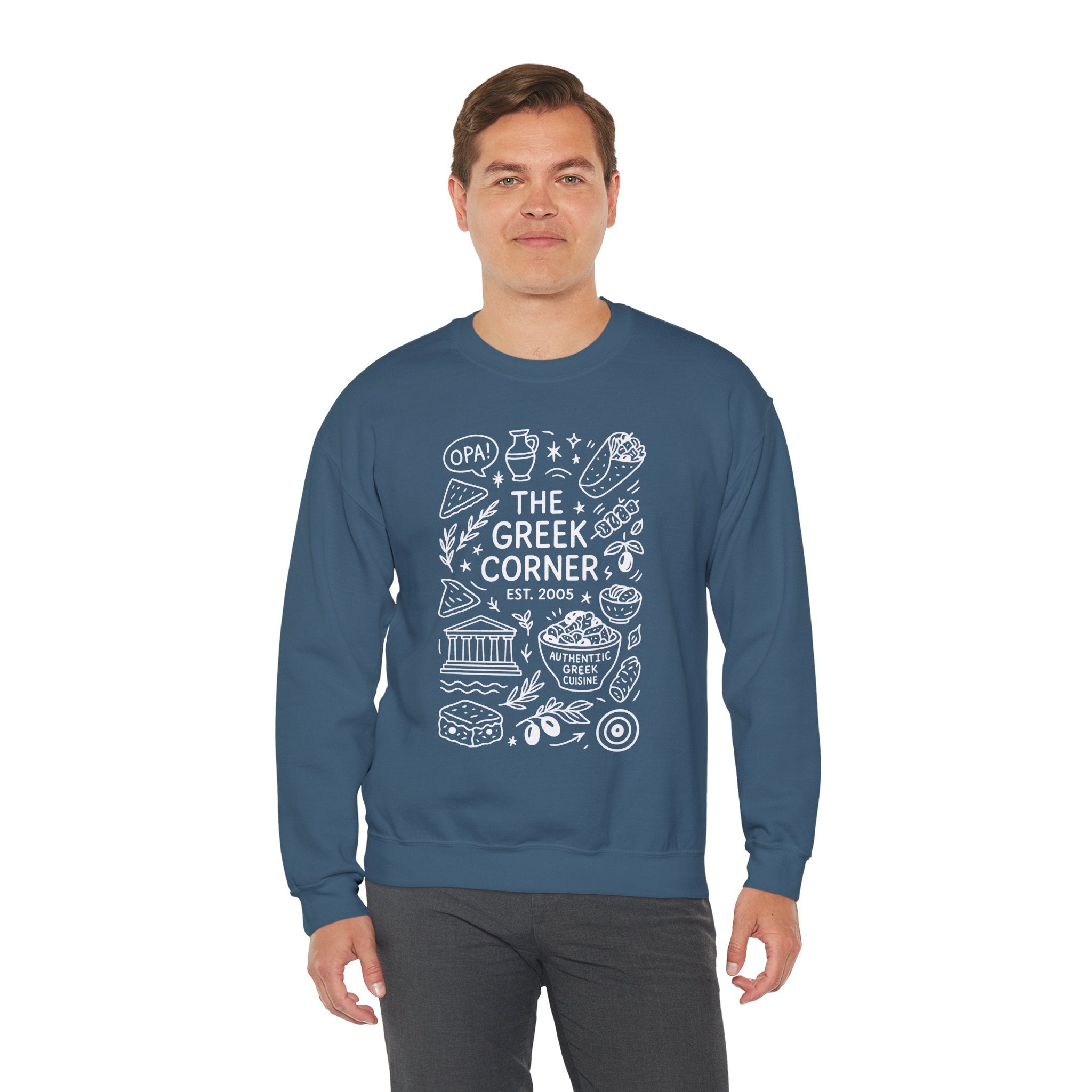 Greek Corner Crewneck Sweatshirt, Cozy Unisex Sweatshirt, Greek Theme Apparel, Gift for Food Lovers, Casual Everyday Wear
